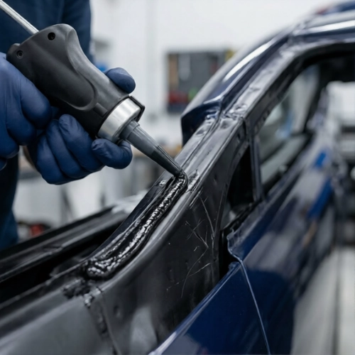 technician applying black urethane adhesive to car frame.
