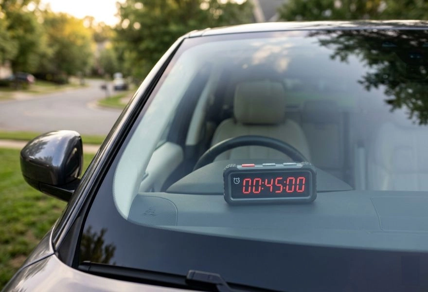 digital timer on dashboard showing windshield cure time
