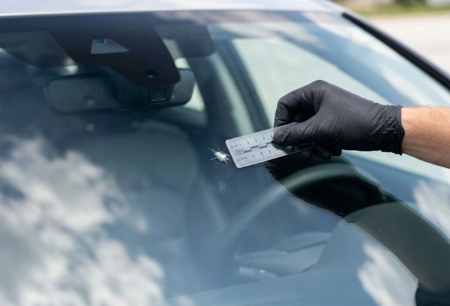 gloved hand measuring windshield chip with silver ruler