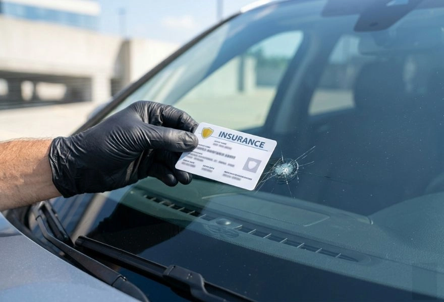 hand holding insurance card next to windshield crack