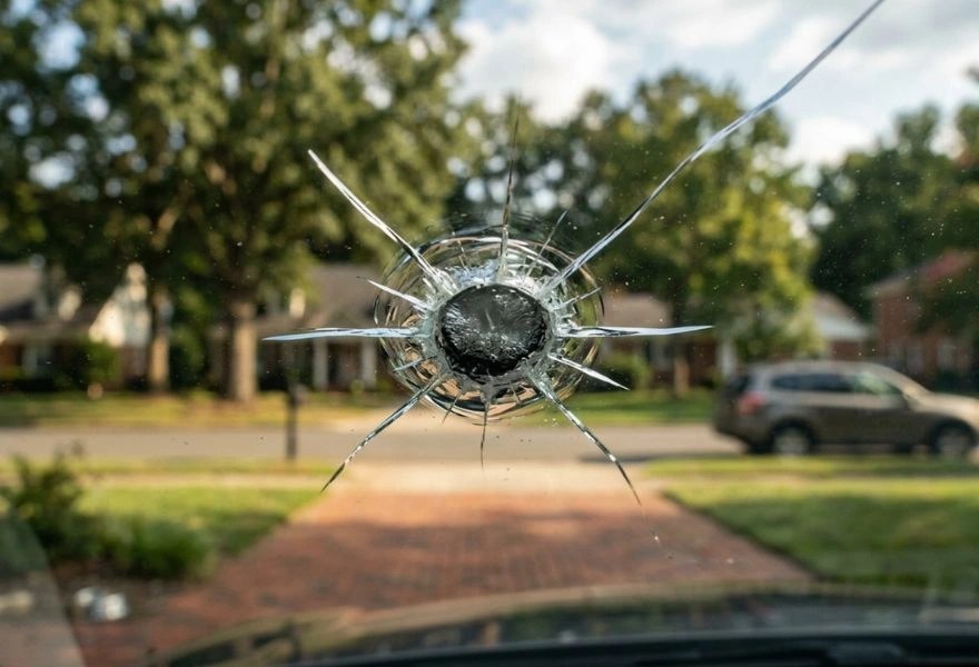 macro shot of a windshield bullseye star crack