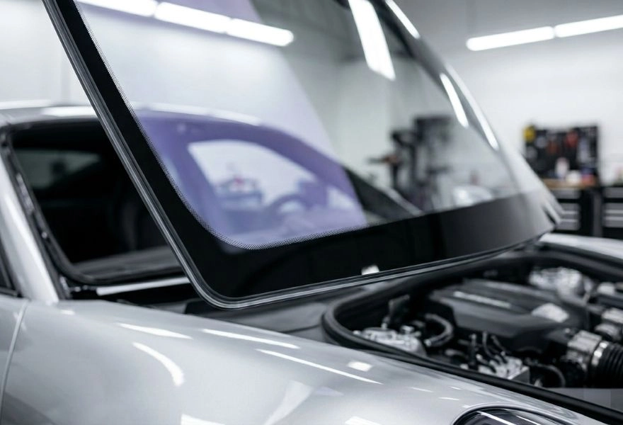 new acoustic windshield being prepared for silver car