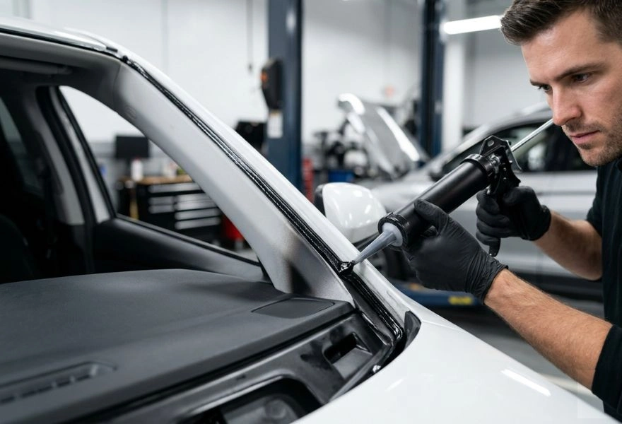 technician applying black polyurethane adhesive to car frame