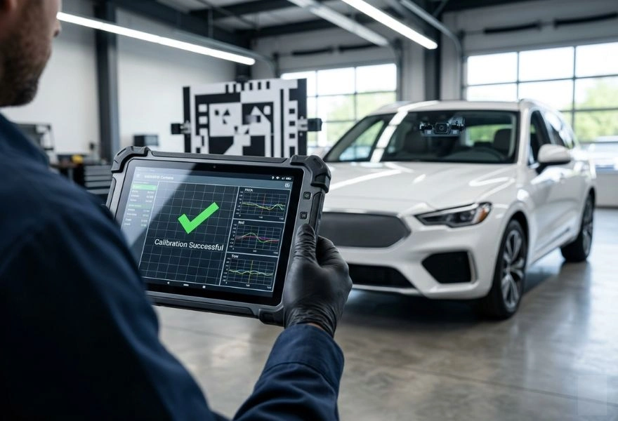technician holding tablet showing successful vehicle calibration screen