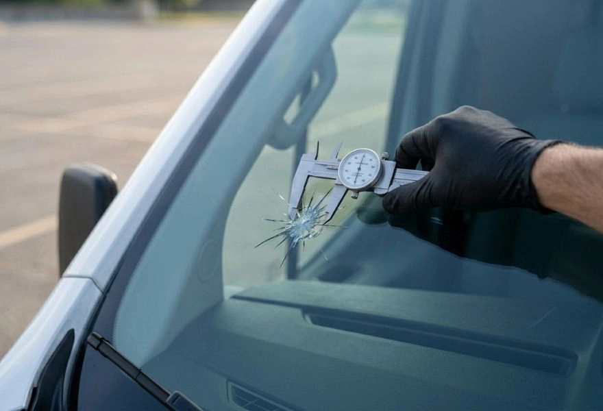 technician measuring windshield starburst chip with metal calipers