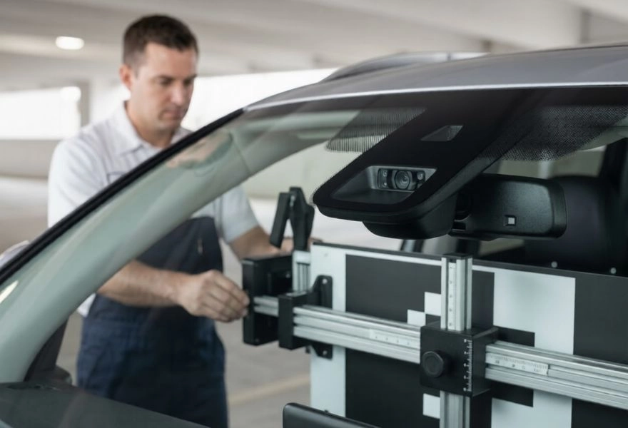 technician setting adas calibration target in front window technician setting adas calibration target in front window