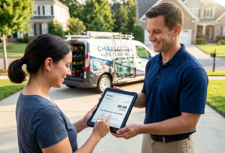 technician showing tablet invoice to a smiling woman