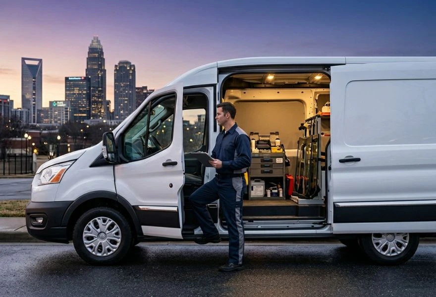 technician standing by white service van at dawn
