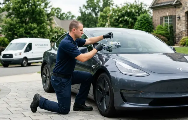technician repairing windshield chip on a modern sedan technician-repairing-windshield-chip-on-a-modern-sedan
