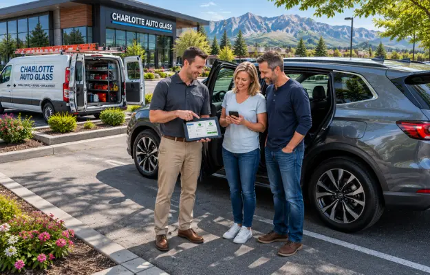 technician-showing-tablet-to-couple-beside-suv-outdoors technician-showing-tablet-to-couple-beside-suv-outdoors