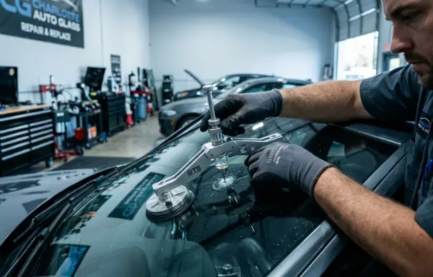 technician-uses-resin-tool-on-car-windshield-glass technician-uses-resin-tool-on-car-windshield-glass