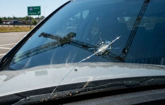 Cracked car windshield with a large impact mark.