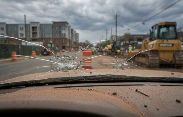 Cracked windshield overlooking a construction site.
