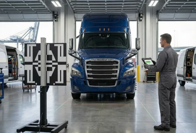 Technician calibrating sensors on a blue semi-truck.