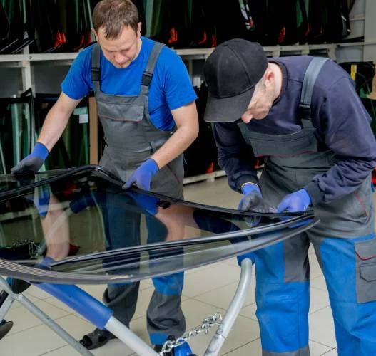 Two technicians installing a windshield on a workbench.