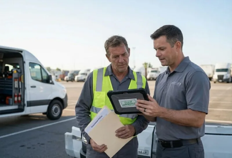 Two technicians reviewing a digital tablet beside a service van.