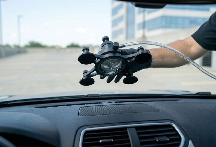 Windshield repair tool attached to a cracked windshield. Windshield repair tool attached to a cracked windshield