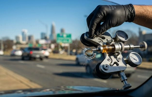 Windshield repair tool fixing a cracked car windshield.