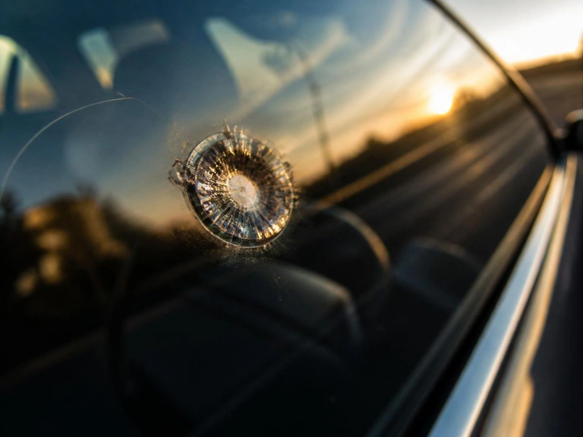Close-up of bullseye chip damage on car windshield in Charlotte