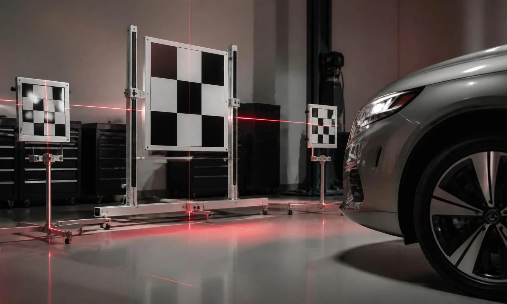 Static ADAS calibration targets positioned at measured distances in front of a vehicle
