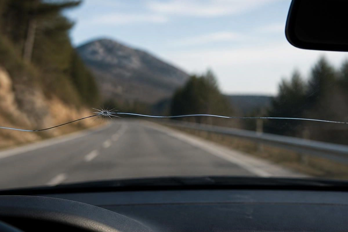 Long crack spreading across car windshield while driving