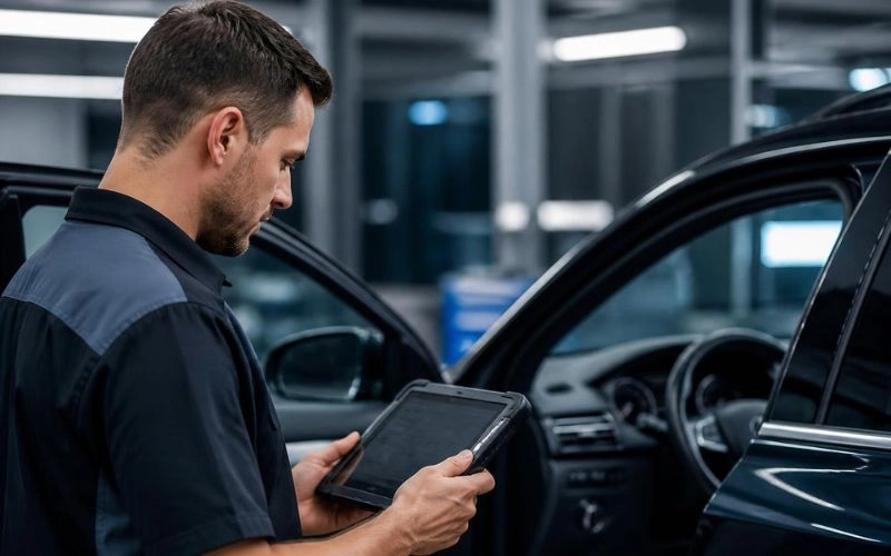 Charlotte Auto Glass NC technician checking recalibration requirements on a digital diagnostic tablet beside a modern car