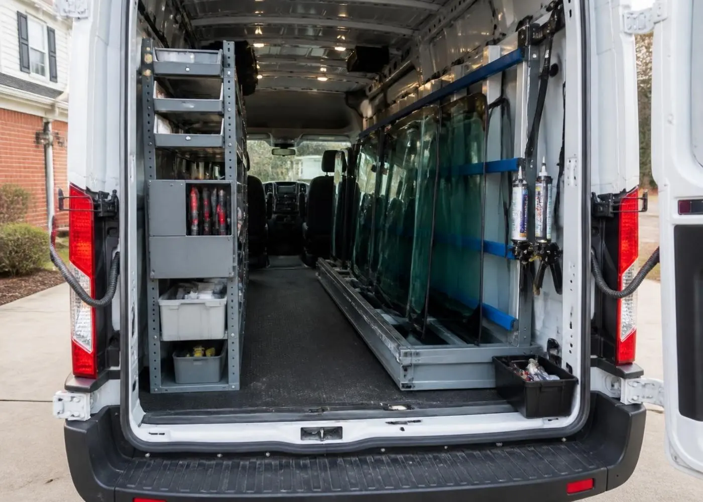 Charlotte Auto Glass NC mobile service van loaded with windshield storage racks