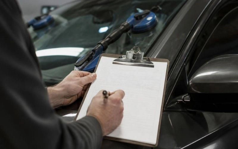 Charlotte Auto Glass NC technician inspecting a car windshield and filling out an inspection form