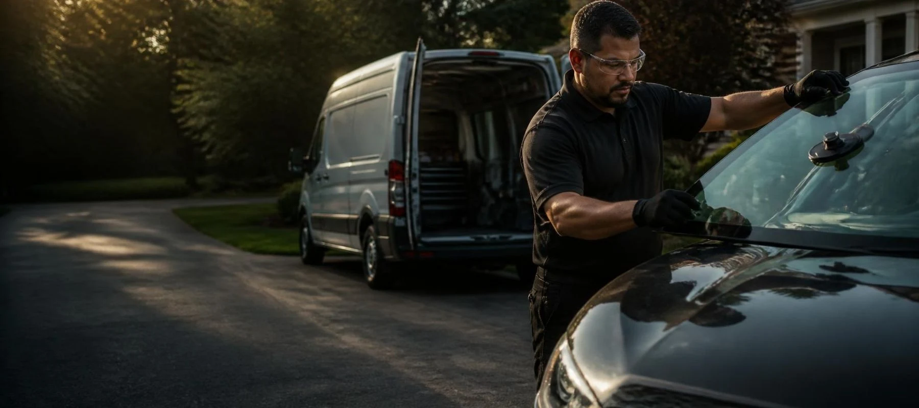 Charlotte Auto Glass NC technician installing a car windshield using suction cups at a customer's location