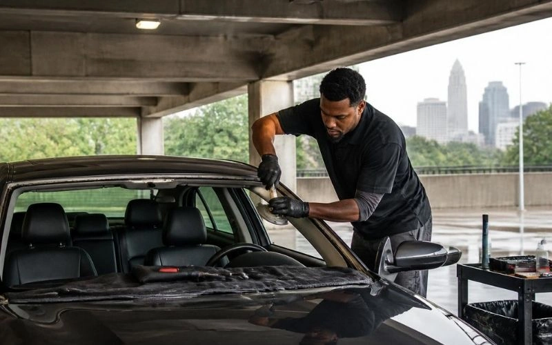 Charlotte Auto Glass NC technician preparing a car frame for windshield replacement under cover in downtown Charlotte