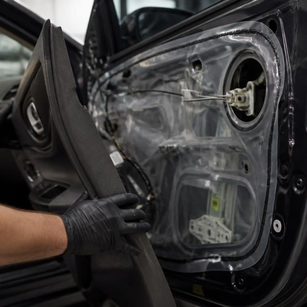 Technician removing an interior car door panel to reach the vapor barrier and window regulator