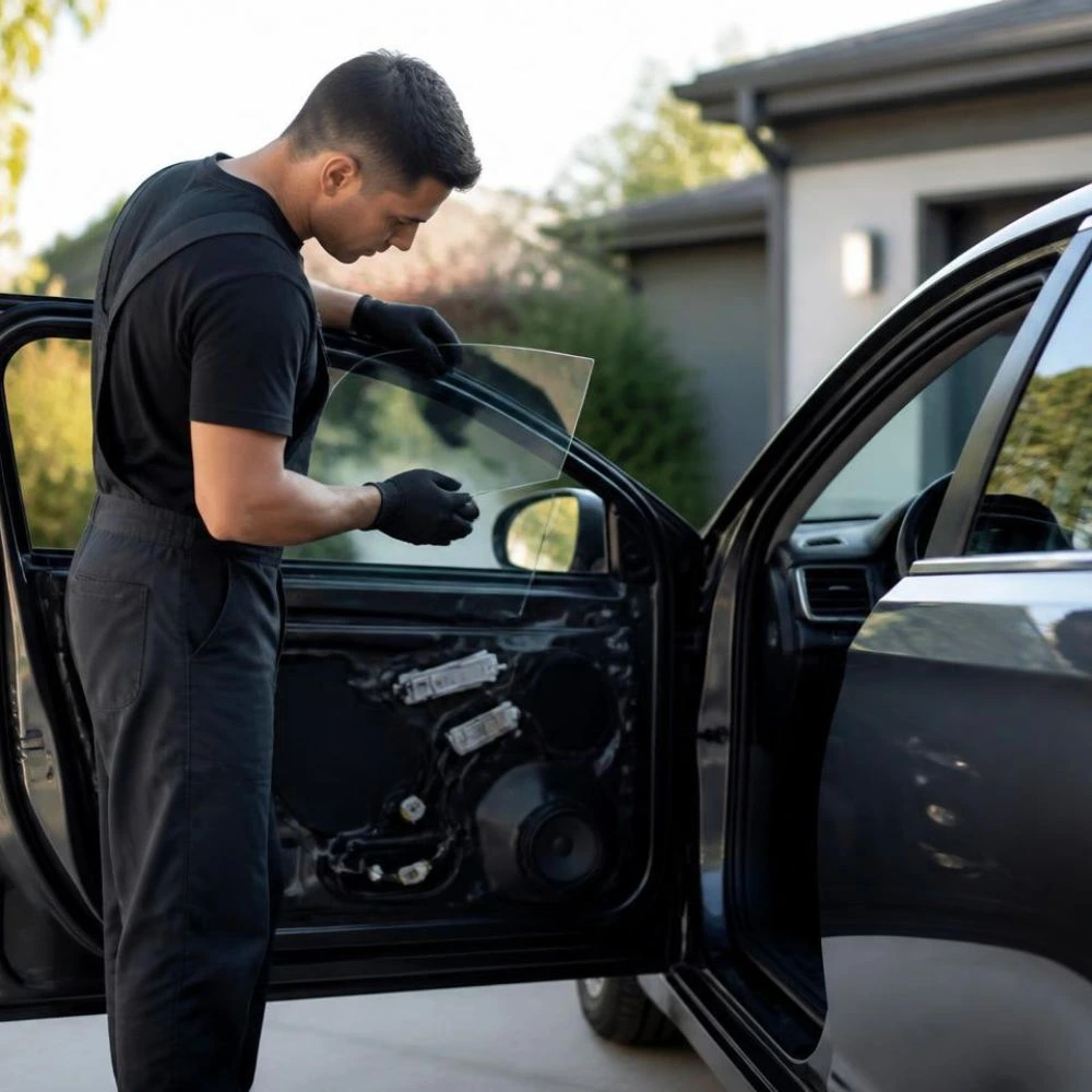 Charlotte Auto Glass NC technician replacing passenger side door window glass at a home in Charlotte