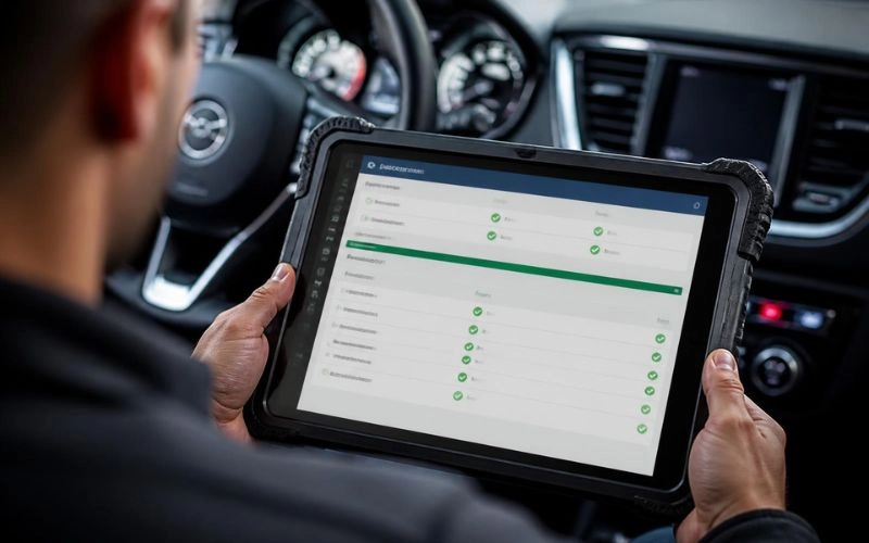 Charlotte Auto Glass NC technician reviewing a digital ADAS calibration scan report inside a vehicle