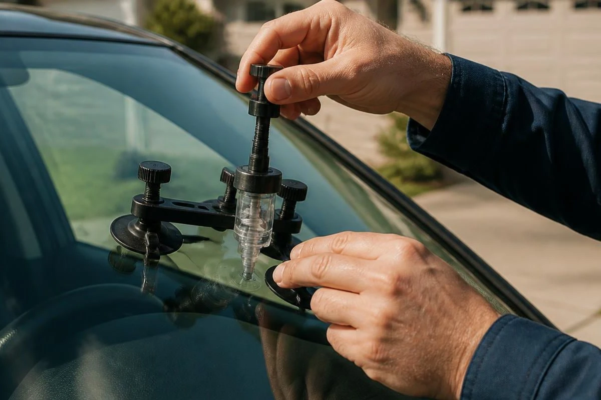 Technician using resin injector tool on car windshield in Charlotte