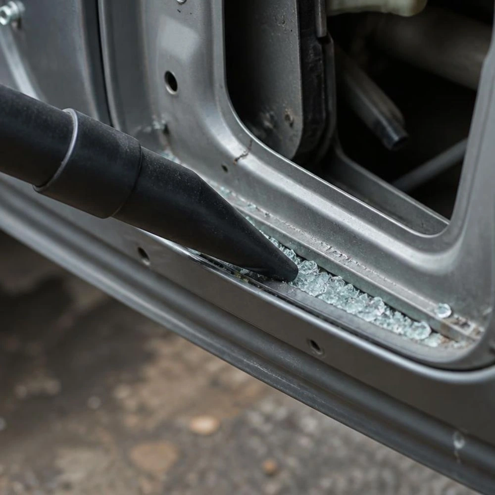 Technician vacuuming shattered glass pieces from inside a car door cavity