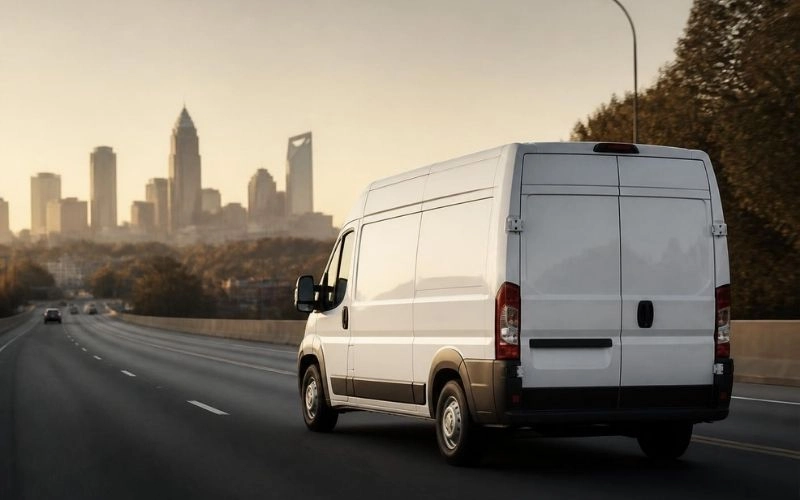 Charlotte Auto Glass NC white service van driving on the highway toward the Charlotte skyline