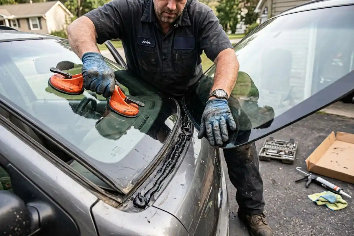 Auto glass technician setting a replacement windshield onto a fresh urethane bead