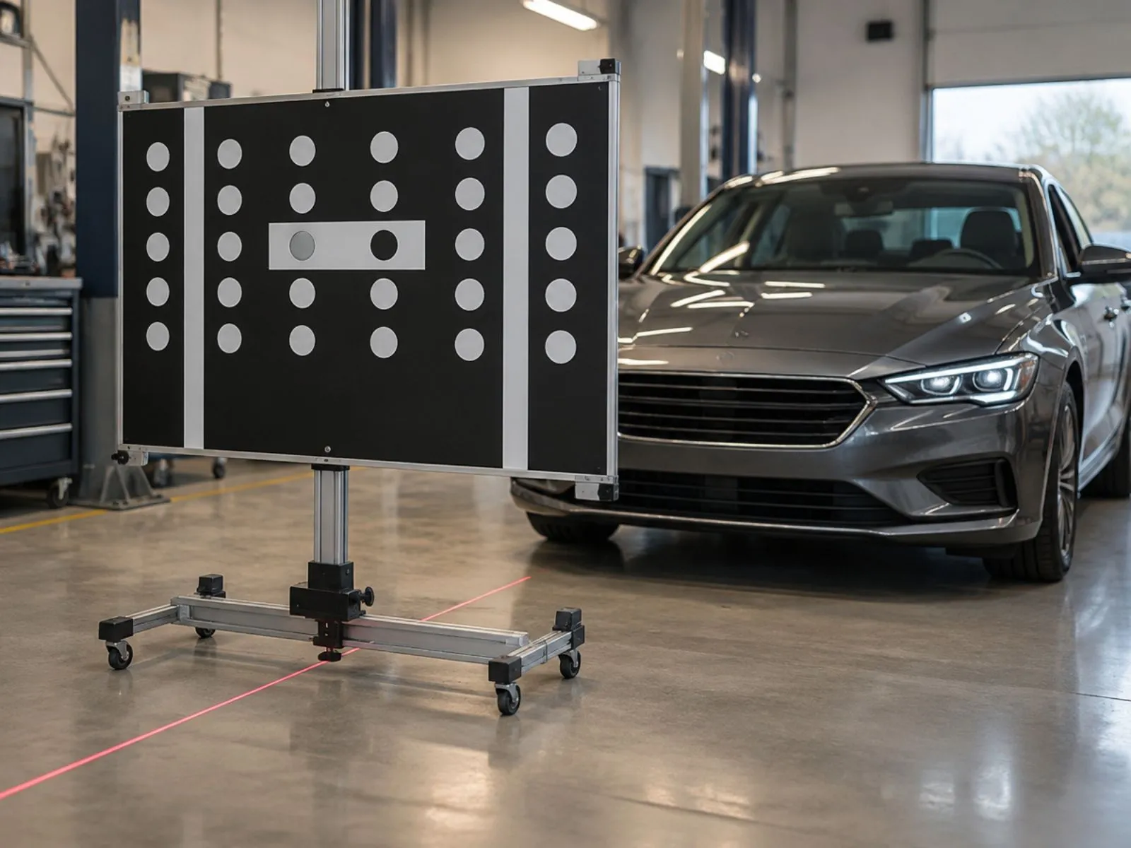 ADAS calibration target system set up in front of sedan in Charlotte ADAS calibration target board set up in front of a sedan in a service bay