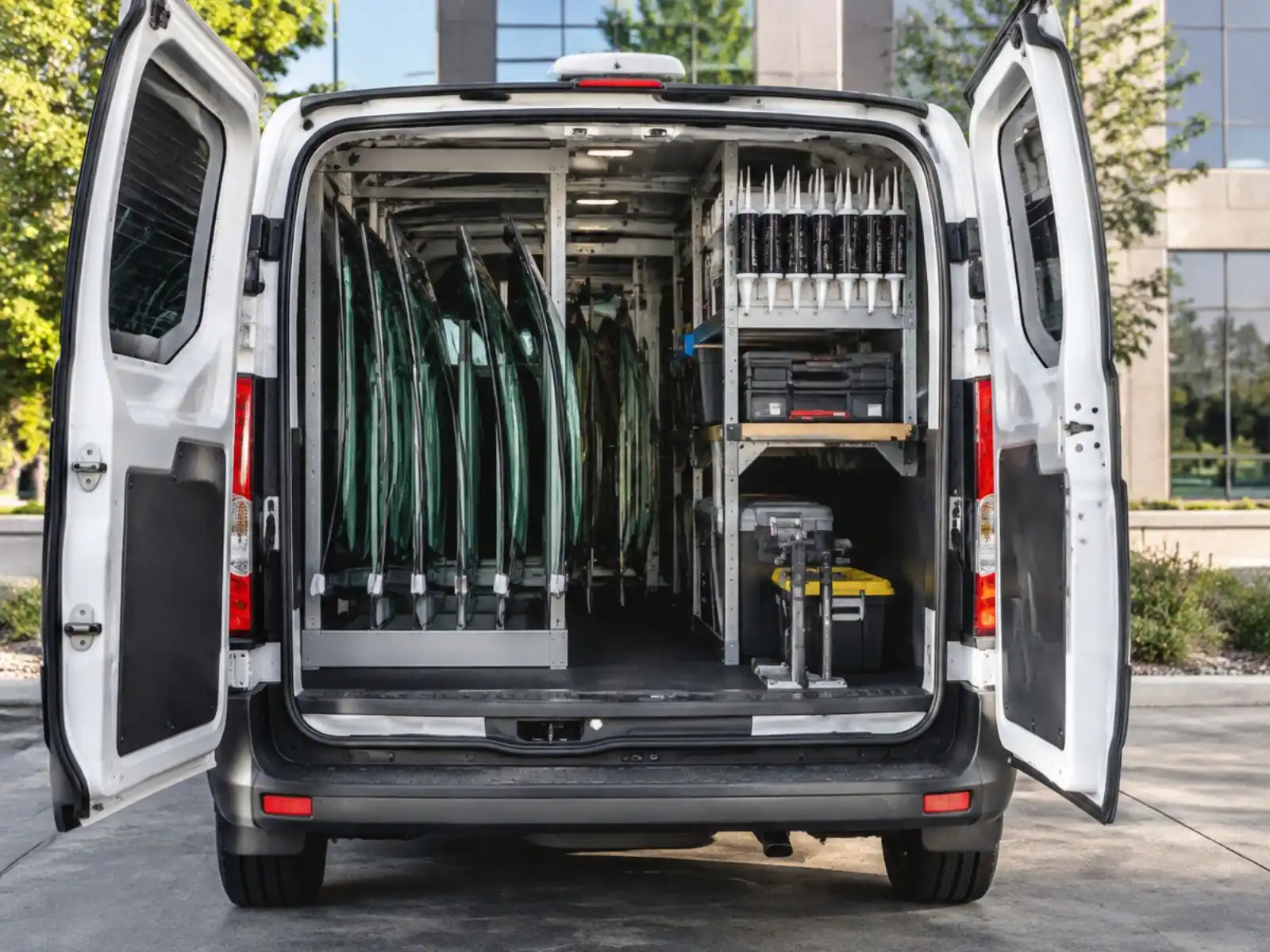 Mobile auto glass service van loaded with replacement windshields in Charlotte Mobile auto glass service van with rear doors open and replacement windshields racked inside