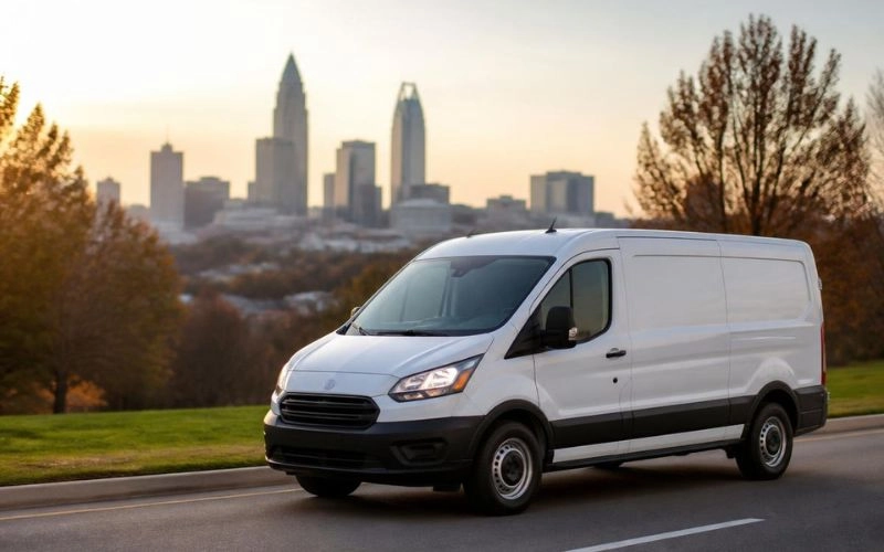 Mobile auto glass service van on the road with the Charlotte city skyline behind it