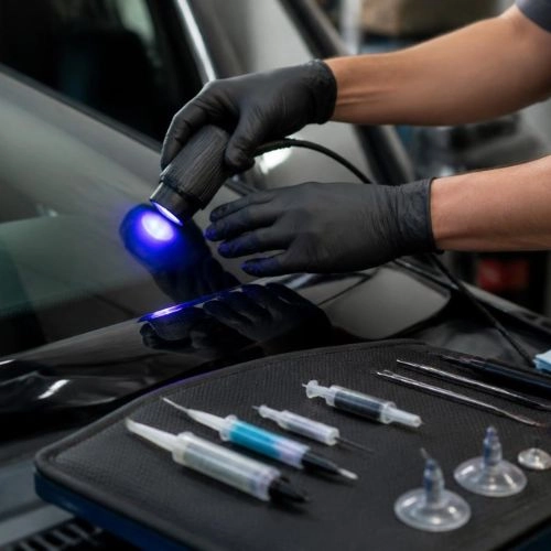 Technician curing a windshield resin chip repair using a UV light in Charlotte