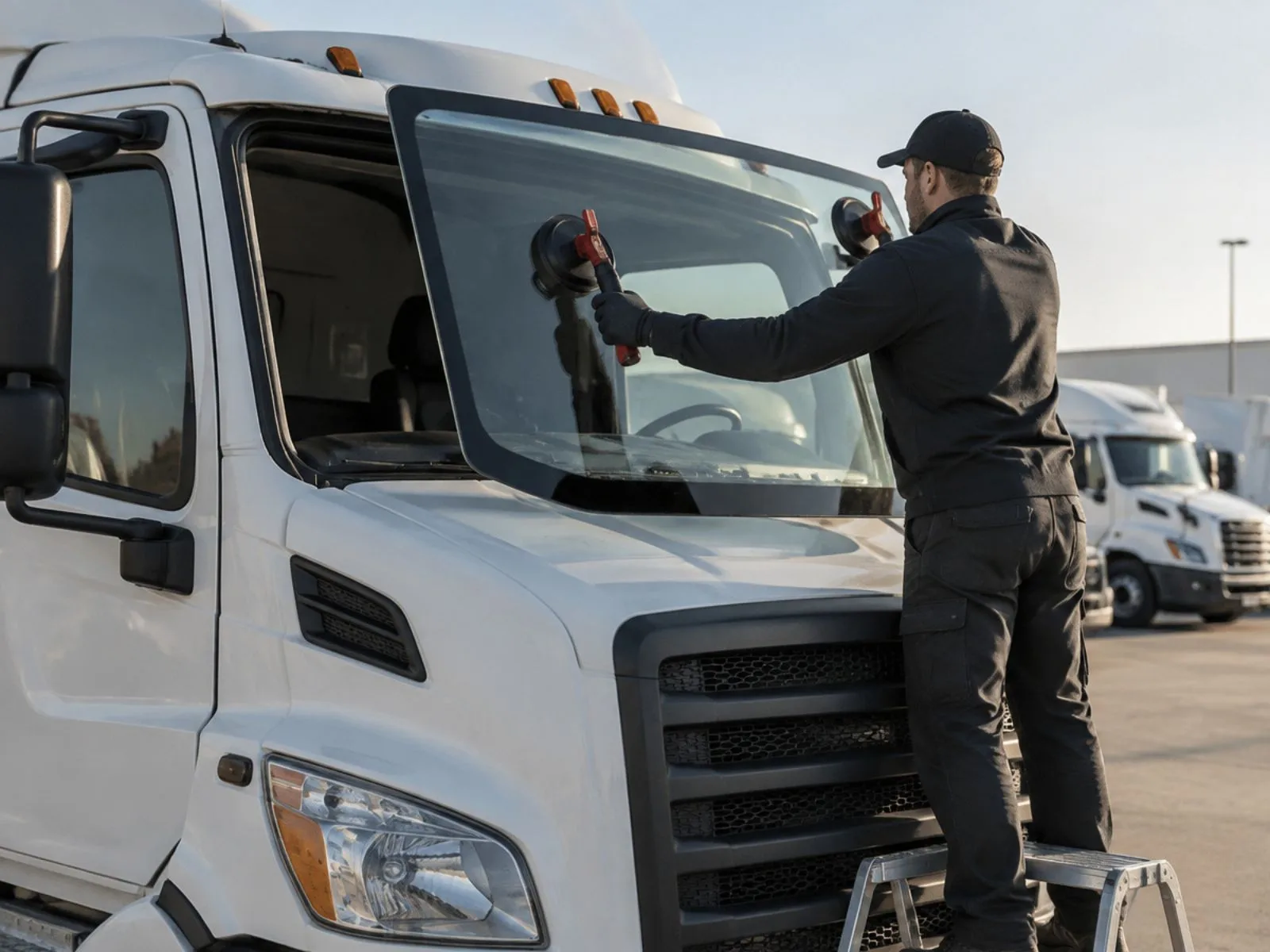 Technician installing heavy duty truck windshield using suction cups in Charlotte Technician installing a windshield on a white commercial truck using suction cups