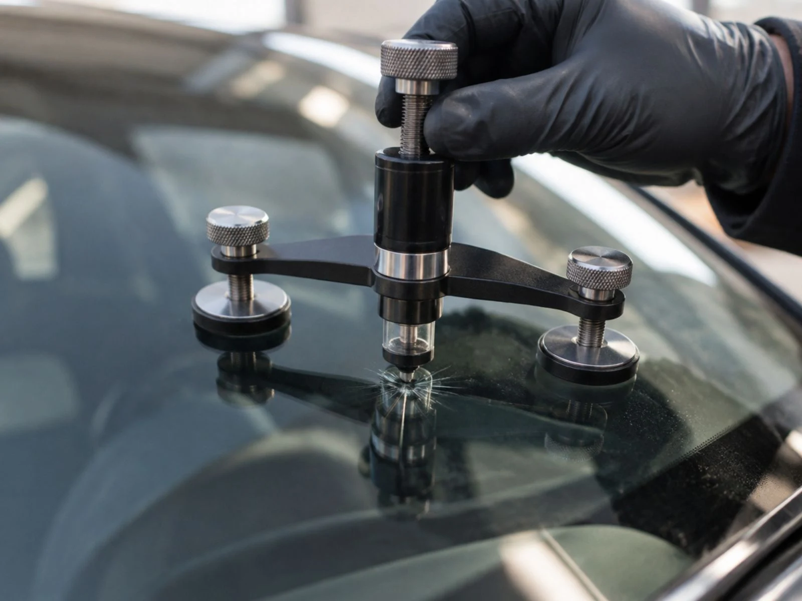 Technician using bridge injector tool for windshield resin repair in Charlotte Technician using a bridge injector tool to force resin into a windshield rock chip