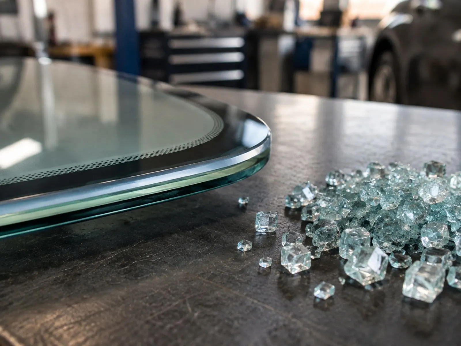 Tempered side glass replacement panel beside shattered glass pieces Replacement tempered glass panel on a bench beside shattered glass cubes from a rear window